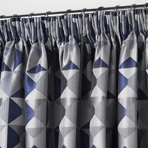 Coppia di tende pieghettate a matita blu navy e grigio design geometrico tutte le taglie foderate - Foto 2 di 3