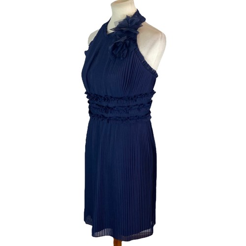 JS Collections Womans Formal Dress Size 6 Navy Blue Halter Pleated - Picture 3 of 7