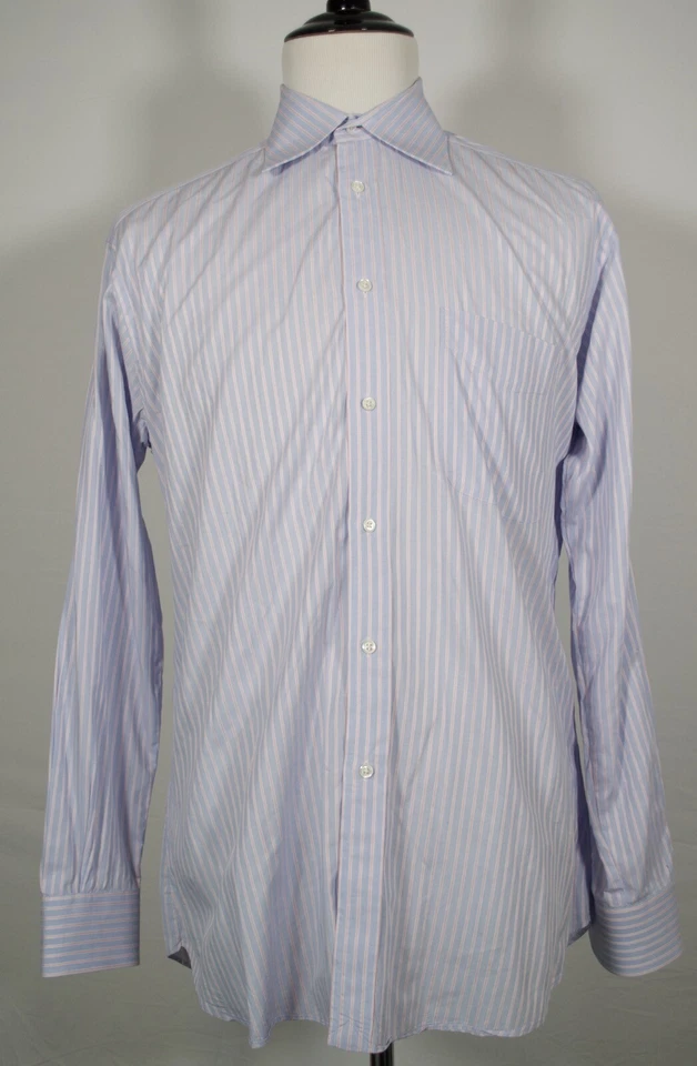 Camisa de vestir clásica a rayas rosa y azul tejida IKE BEHAR 2 capas para trabajo 16,5 35 Foto 2 de 4