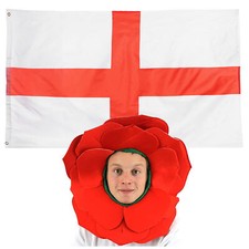 ROSE HAT AND FLAG ENGLISH FANCY DRESS ENGLAND SPORT SUPPORTERS RED FLOWER RUGBY
