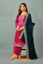 Beautiful Look Viscose Velvet Pink Salwar Kameez With Blue Dupatta For Reception
