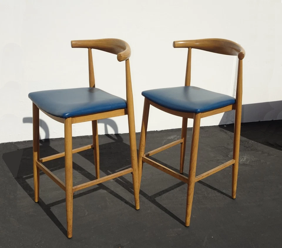 Par de taburetes de bar vintage modernos de mediados de siglo de metal azul taburetes de bar Foto 3 de 4