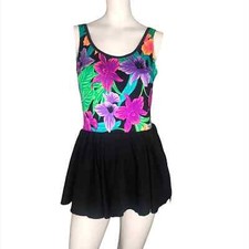 Vintage 60's 70's floral bathing suit skirt dress multicolor tropical swim large