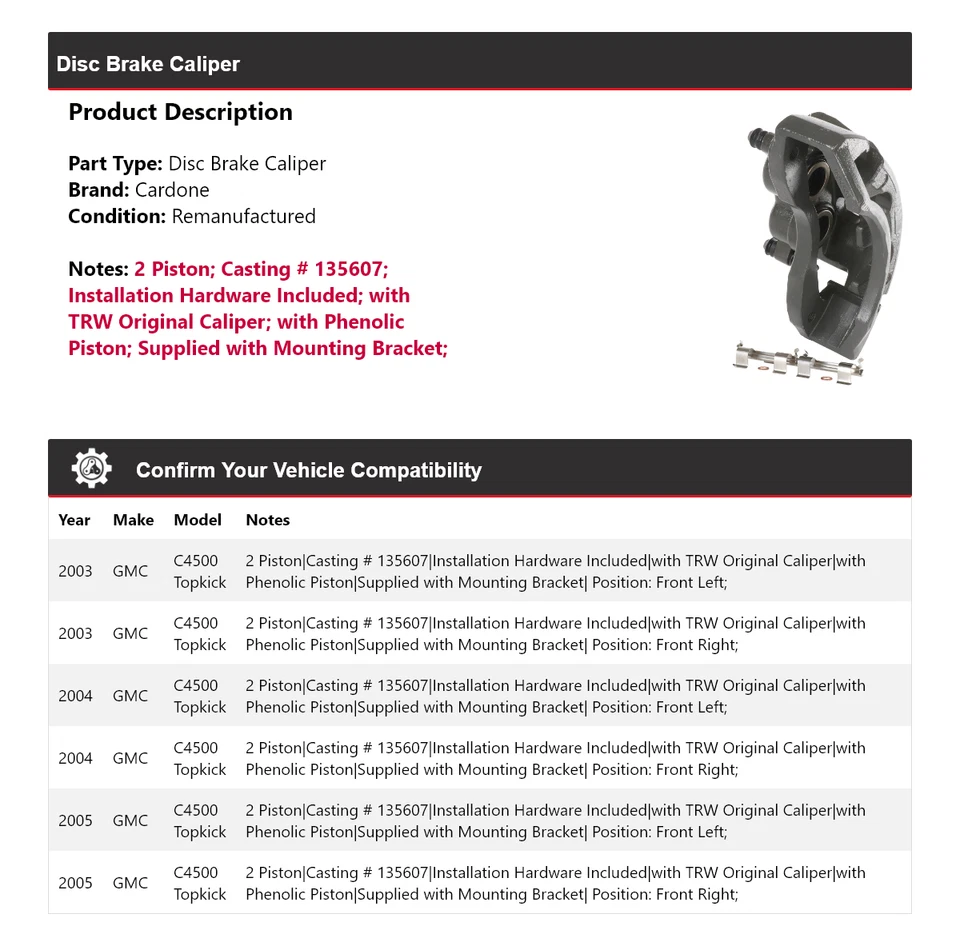 Суппорт дискового тормоза Topkick Cardone 2004 для 2003-2005 GMC C4500 - Изображение 2 из 4