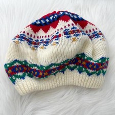  Vintage ARIS - Ivory fair isle acrylic knit beret 11”
