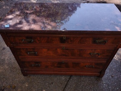Antique burled walnut 19th century chest of drawers matching nightstand, Marble