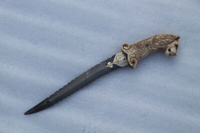 old vintage lion head stone stud bone handle grip Gold & silver inlaid ...