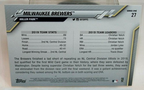 2020 Topps Milwaukee Brewers Team Card #27 - Picture 2 of 2