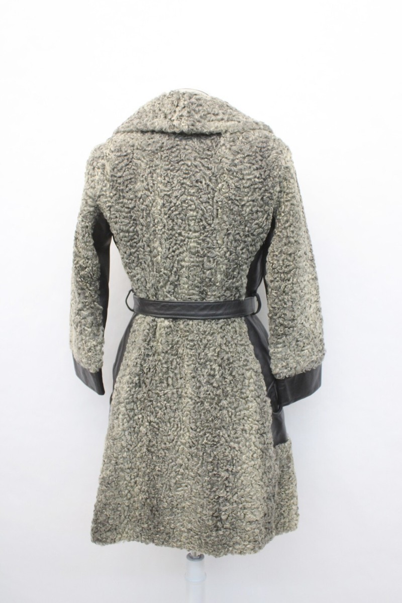 MINT GRAY CURLY LAMB FUR & LEATHER COAT JACKET WOMEN WOMAN SIZE 2