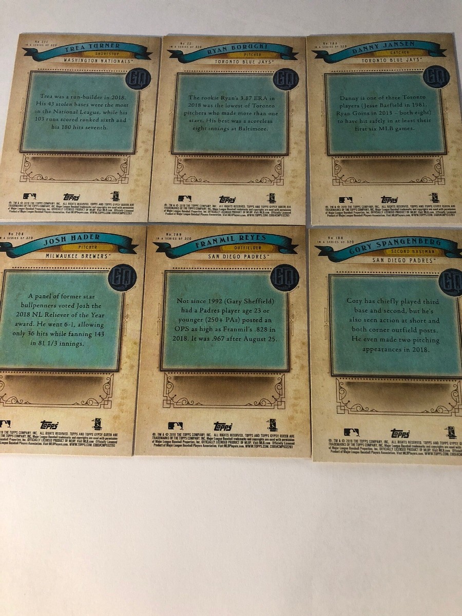 2019 Topps Gypsy Queen 6 card set Turner Borucki Jansen Hader