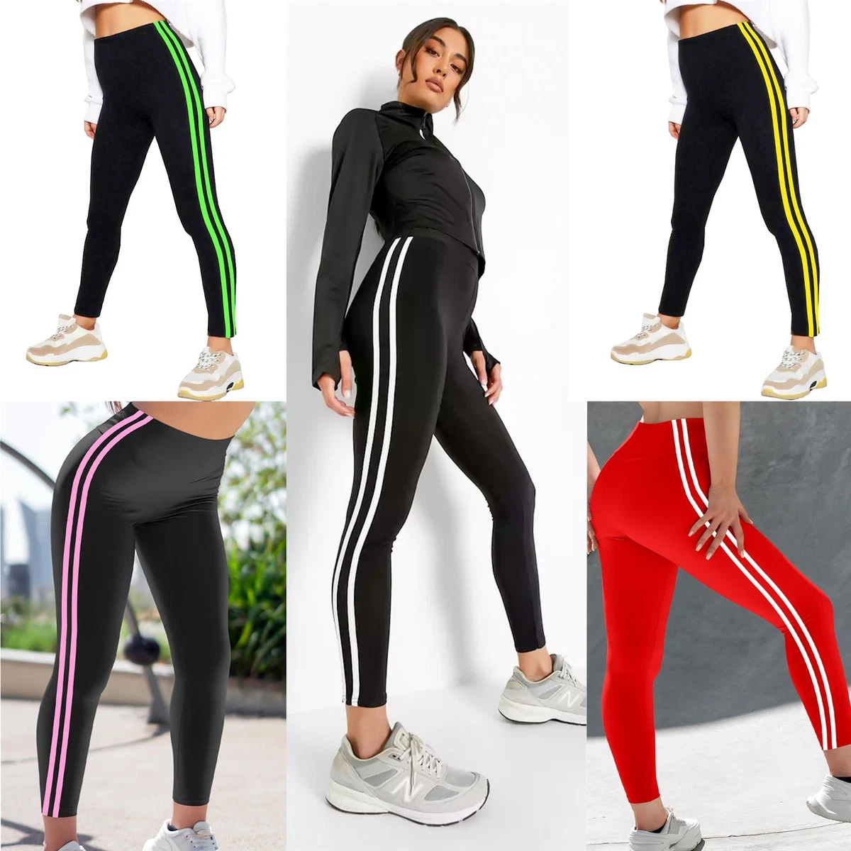 Womens High Waist Side Stripe Leggings Stretchy Fitness Sports Gym Yoga  Trouser