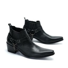 Chic Mens Leather Chain Decor Ankle Boots Dress Party Clubwear Pointed Toe Shoes