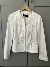 Barbara Lebek White Jacket 12 Round Neck Zip Shoulder Pads Pockets Cotton Gc