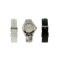 NEW GUESS WHITE,BLACK,GREY LEATHER INTERCHANGEABLE BAND+SILVER WATCH SET W0239L1