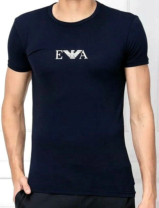Mens EMPORIO ARMANI EA7 Stretch Cotton Logo Crew Neck T Shirt Marine Size L