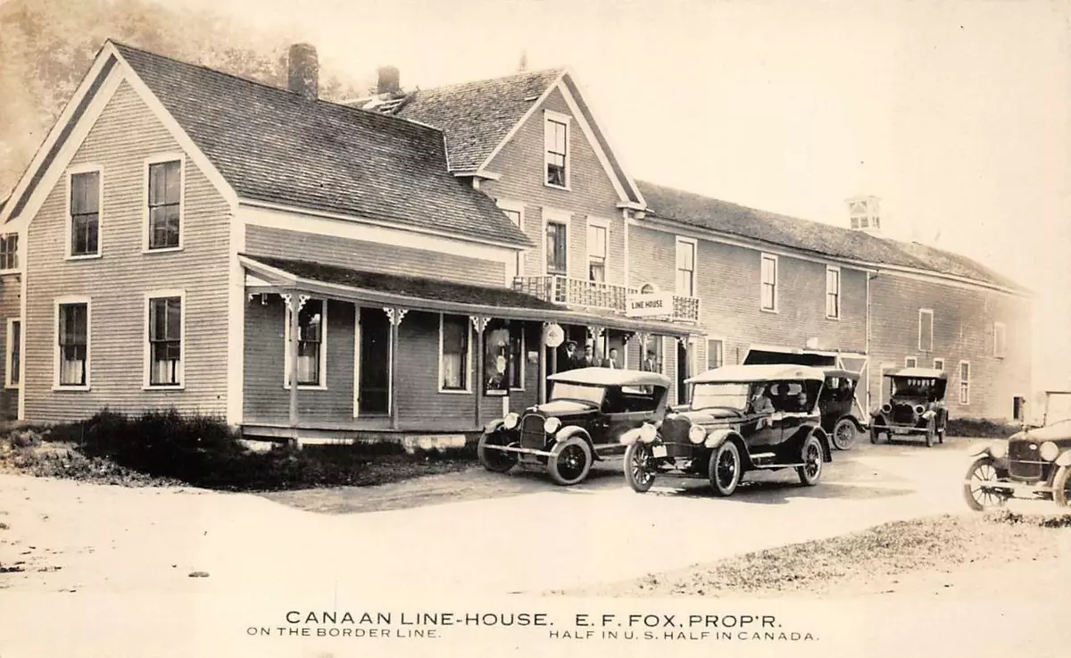 RPPC CANAAN LINE HOUSE VERMONT CANADA BORDR CARS REAL PHOTO POSTCARD (c.  1920s)