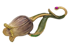 Pretty Purple Enamel Flower Tulip 5.75" Trinket Box w/ Crystal Accents