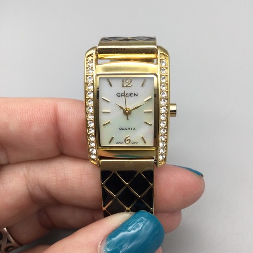 Gruen Tank Watch Women 21mm Gold Tone MOP Dial Black Enamel New Battery 6.5" - Picture 6 of 14