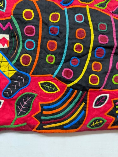 Antique Hand Sewn Kuna Mola Panama Applique Folk Art Textile Cushion Cover 40x52 - Picture 9 of 11