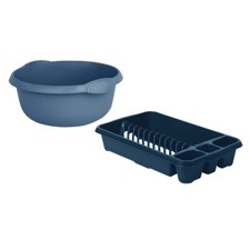 28cm Round Washing Up Bowl with Medium Dish Drainer Kitchen Sink Tub Navy Set