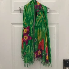 Tropical Flowers Green Tie Die Fringe Swim Sarong Scarf Adult 60 x 40