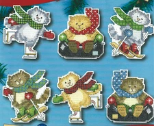 Design Works Cross Stitch Ornament Kit "Winter Fun Cats" skating skiing tubing