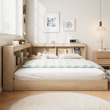 Multifunctional Wooden Double Bed Frame with Storage Space for Adults, Teenagers