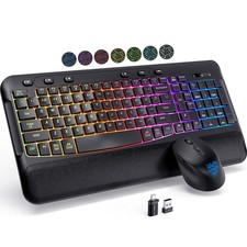 Wireless Keyboard and Mouse Combo, Ergonomic Wave, 9 RGB Backlit Effects, Lea...
