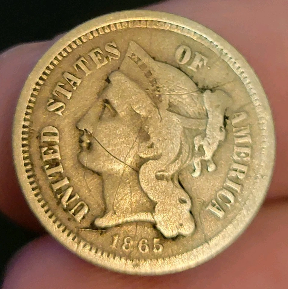 1865 Coronet Head Nickel 3 Cent Piece | Very Fine Nice Coin! | Original  - Image 3 of 4
