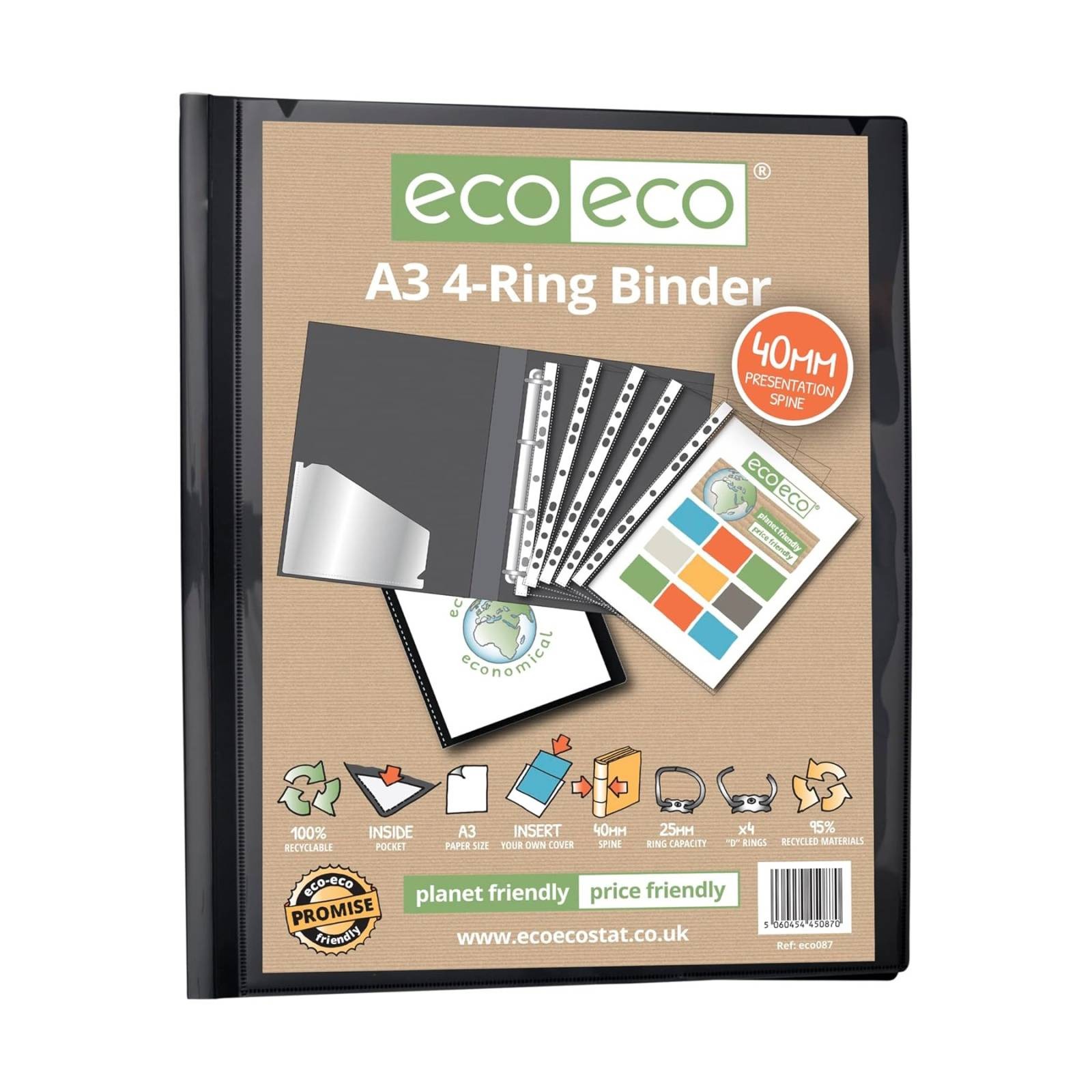Eco Eco A3 Presentation 4 Ring Portrait Binder Single Black (ECO087-S)