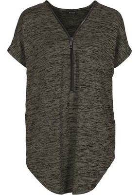 Oversize-Shirt mit Reißverschluss Gr. 36/38 Dunkeloliv Damen Kurzarmshirt Neu