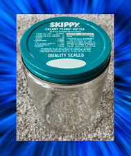 Vintage 80s Skippy Creamy Peanut Butter Kerr Glass Jar Empty with blue lid