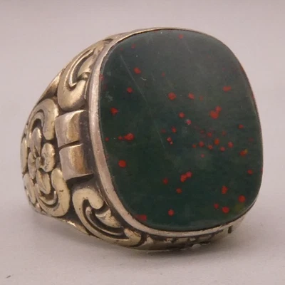 Ring Silber 830 floral verzierter Art Deco Herrenring mit Platte aus Heliotrop - Bild 1 von 4