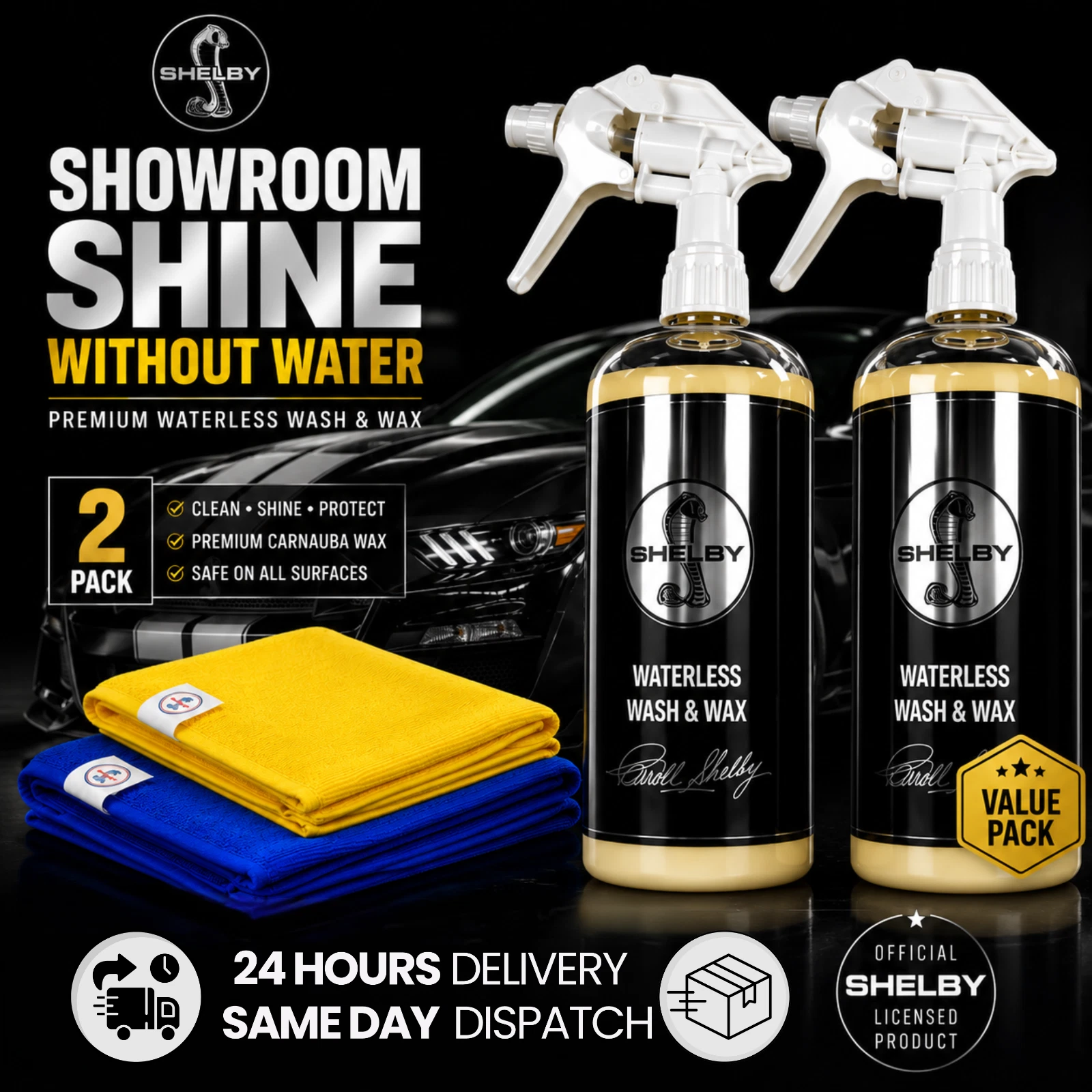 2 x Shelby Waterless Wash and Wax 1L with 2 microfiber cloths