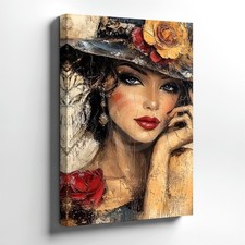 Wall Art Elegant Woman Portrait Canvas Print Floral Hat Fashion Painting Decor
