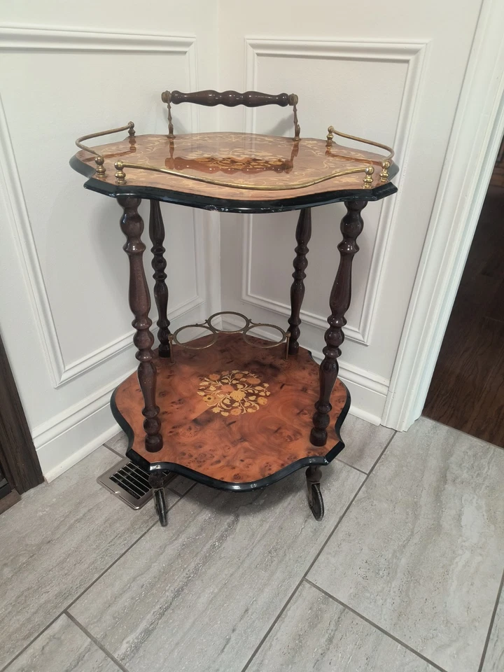 Italian Rosewood Marquetry Bar Tea Dessert Cart 2-Tier 8-Sided Trolley - Image 4 of 4