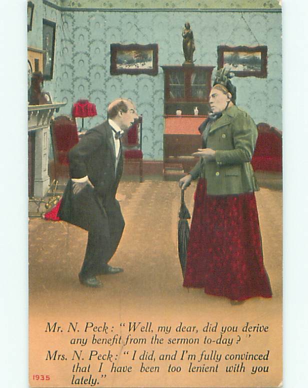 Bamforth comic OLD WOMAN WITH UMBRELLA TALKS TO MAN : : make an offer k8151
