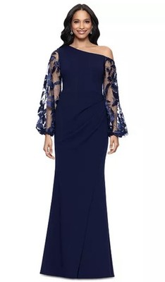 Betsy & Adam Navy Blue One Shoulder Sheer Embroidered Long Sleeve Size 8 $279