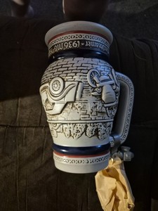 Avon Car Classics Ceramic Stein Mug 1911 Ford Model T Blue White Lid 8 fl oz
