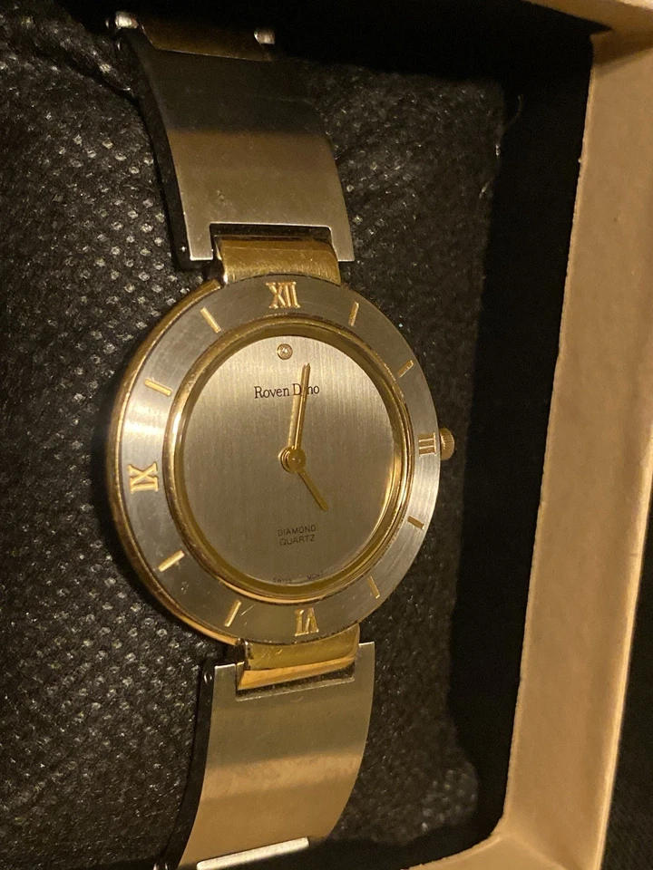 Roven Dino DIAMOND GOLD PLATED SAPPHIRE CRYSTAL SWISS 24MM Cuff Women’s Watch - Image 4 of 4