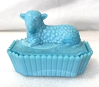Antique Westmoreland Lamb Blue And White Milk Glass Lidded Dish