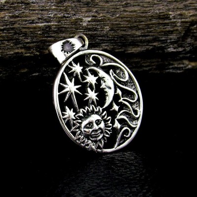 Massiver 925 Sterling Silber Sonne Mond Sterne Himmelswellen Anhänger Heidnische Astrologie