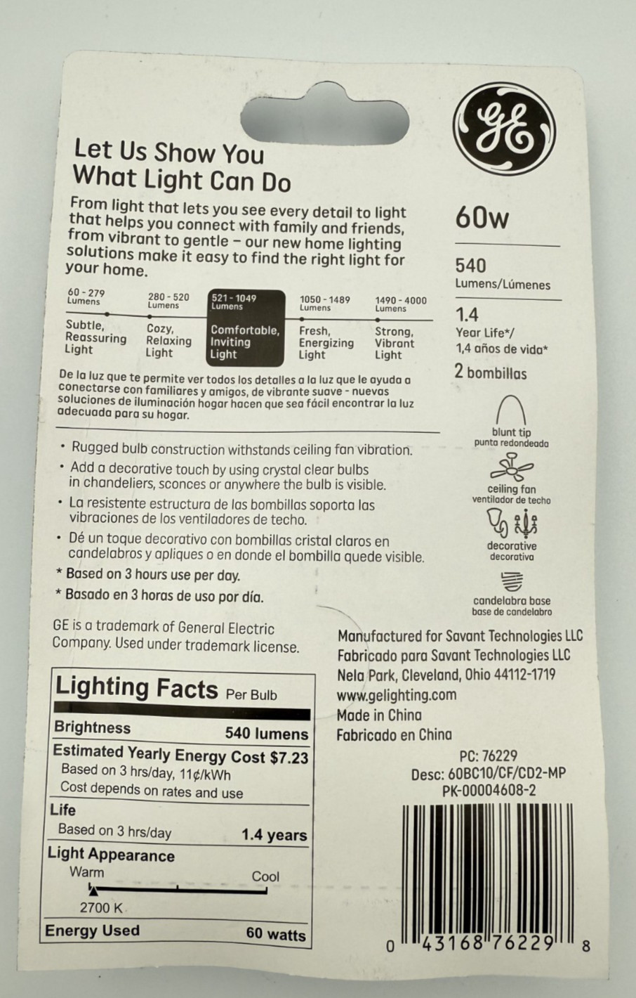 (8 bulbs) GE B10 (E12) 2700K Decorative B Type Candelabra Base Multi-use