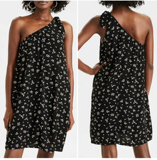 AMERICAN EAGLE Black One Shoulder Ditsy Floral 2 Pockets Shift Dress Size XS