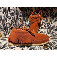 Minnetonka Women Real Suede Fringe Moccasin Venice Brown Booties Size 9