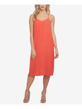CECE Womens Orange Spaghetti Strap V Neck Tea Length Shift Dress Size: 2