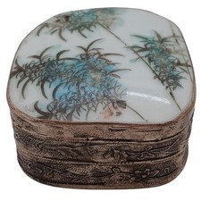VTG Chinese Porcelain & Silver Plated Handcrafted Trinket Box 2.25" Collectible
