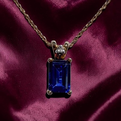 VINTAGE 10K Gold Blue Sapphire & Diamond Necklace 1ct Emerald Cut Solitaire 18''