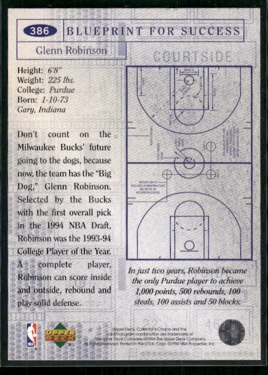 1994-95年收藏版#386 Glenn Robinson金色签名 — 第 2/2 张图片