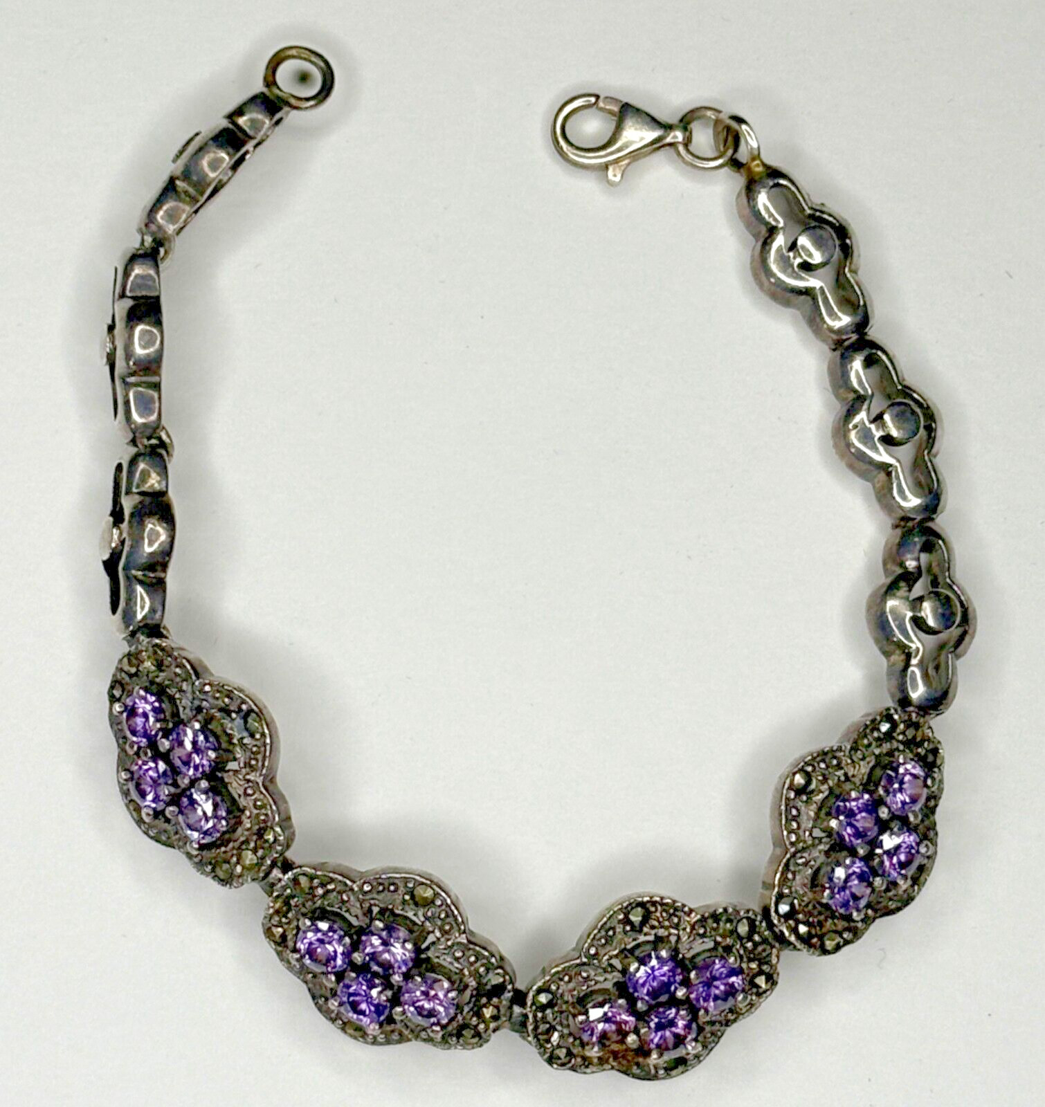 Solid 925 Silver Amethyst Marcasite Flower Sectio… - image 1